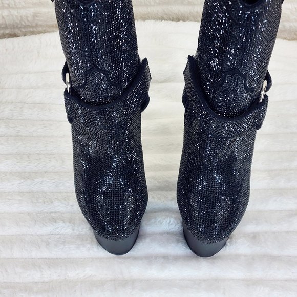 Black Rhinestone High Heel Platform Sexy Western Cowgirl Ankle Boots 1029 - Picture 6 of 10